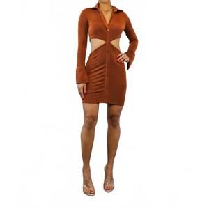 NEW SURELYMINE silky button down dress with waist cut out detail in brown